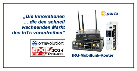 IoT Evolution Edge Computing 2024 Excellence“-Plakette neben IRG-Mobilfunkroutern