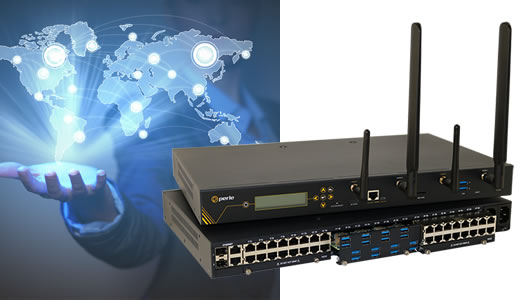 IOLAN Console Server with LTE and WiFi antenna over world map